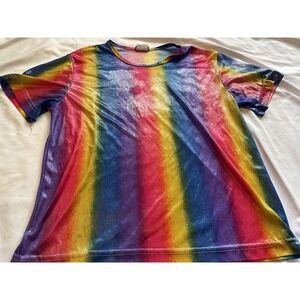 Vintage 90s Baby Doll T Shirt Shiny Metallic Rainbow Stripe Y2K Club Rave M L